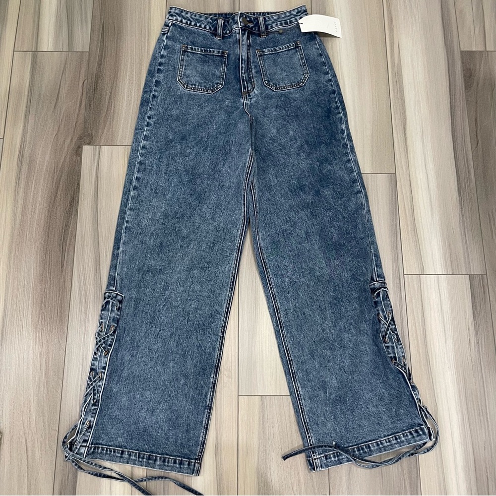 NWT KAFFE KAeloise String Jeans Size Medium/Euro 38 Washed Side Lace-Up Wide Leg